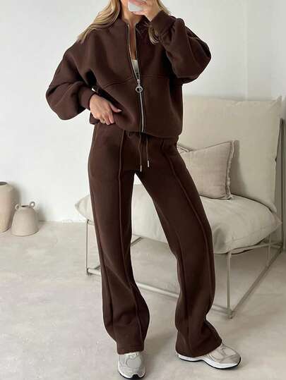 Vaiaye Women's Zip-Up Sweatshirt & Pants 2 Pieces Casual Set Fall Cloth For Women,Christmas Casual Solid Color Drawstring And Sweatpants Set,Versatile For Daily Wear, Autumn/Winter