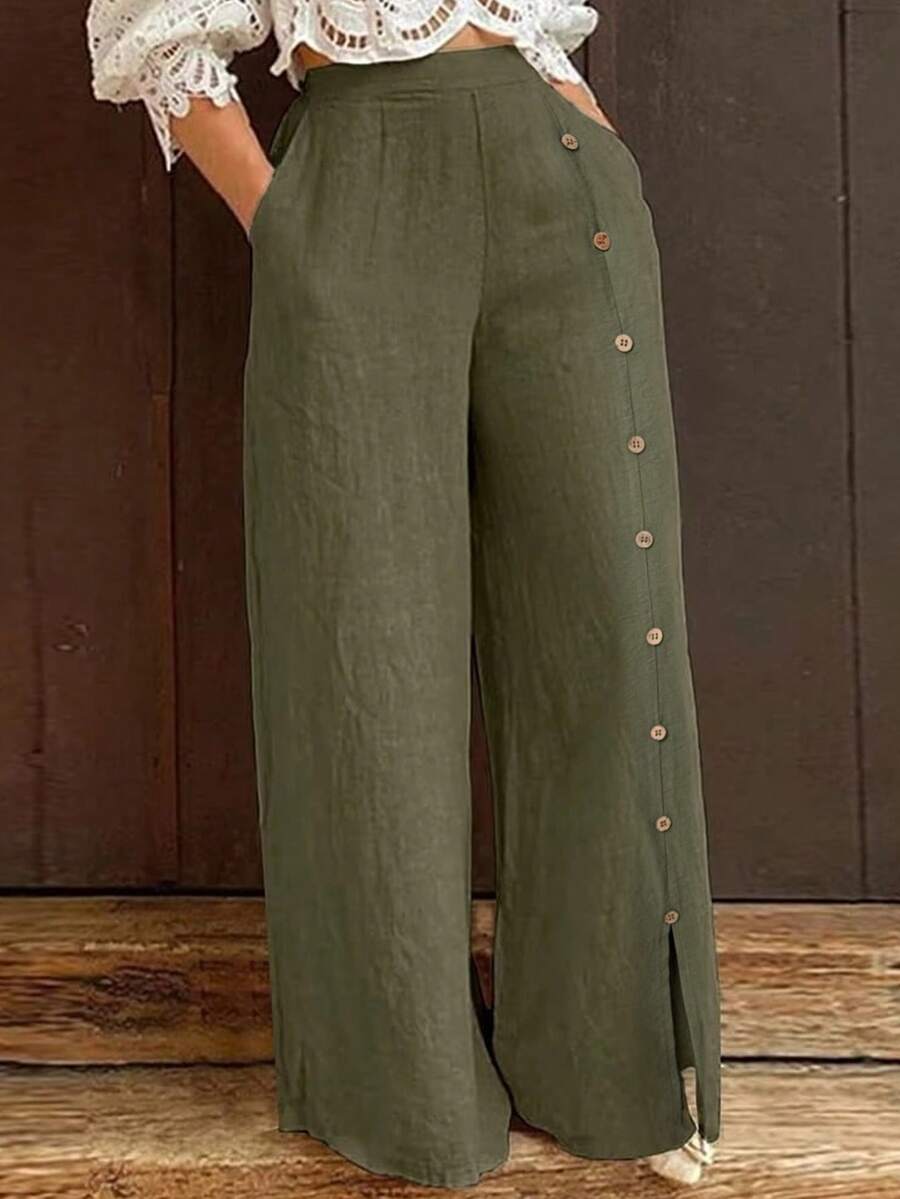 四季新款复古橄榄绿修身腰亚麻侧单排木质假纽扣开衩阔腿休闲女裤垂坠亲肤面料显瘦高挑百搭通勤裤松紧腰宽松直筒阔腿口袋设计舒适透气女裤 - 墨綠色 - 查看 1