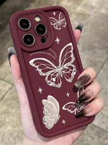Maroon & Silver Butterfly Pattern Full Coverage TPU Shock-Proof Phone Case, Compatible With Apple 16, 15, 14, 13, 12, 11 Pro Max, And Series,Suitable For IPhone 17 Air - Burgundy - View 5