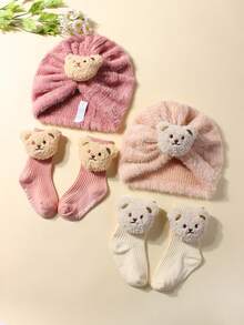 1pc Cute Bear Plush Baby Hat + 1 Pair Cute Anti-Slip Bear Leg Warmers Set, Suitable For Everyday Use - Multicolor - View 5