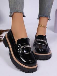 Mocassini casual da donna con punta tonda, neri, con suola spessa, scarpe basse adatte per l'uso quotidiano, per tutte le stagioni