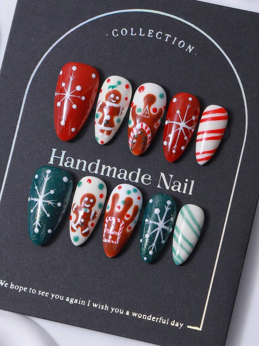 10 件/套按压式指甲杏仁形指甲贴纸圣诞主题手绘姜饼人雪花 Y2K 风格辣妹风格奢华手工指甲优雅大方适合女士和女孩 - 彩色 - 查看 1