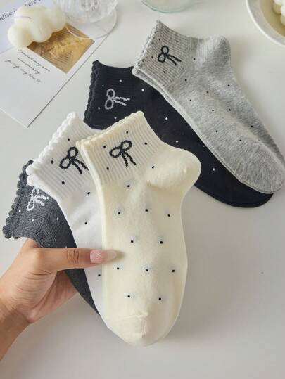 5 pares de calcetines cortos antideslizantes para mujer con lazo y patrones de lunares, calcetines de tripulación negros, grises y blancos, colores aleatorios