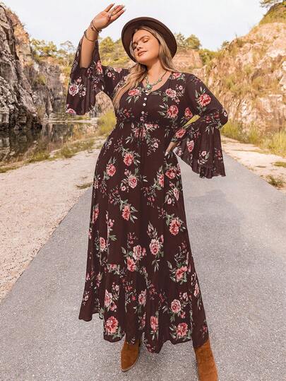 Rusttydustty Women's Plus Size Black Floral Print V-Neck Short Sleeve Waist Long Dress Boho Easter Beach Outfits Hawaii Music Festival Tropical Vacation