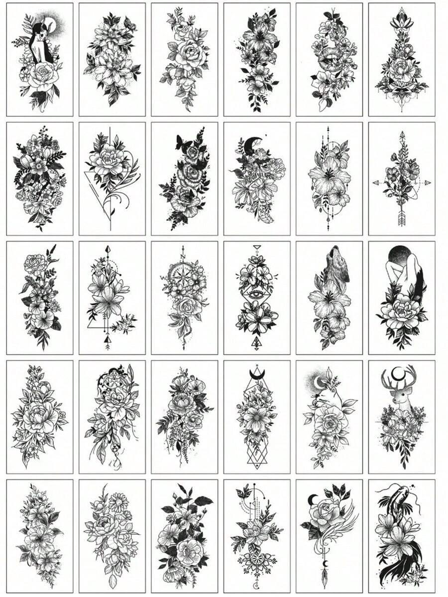 30 Creative Temporary Tattoo Stickers, Including Butterflies, Flowers, Foxes, Dolphins, Jellyfish, Wings, Feathers, Etc., Suitable For Both Men And Women, Realistic And Waterproof, Suitable For Arms, Face, Fingers, Neck, And Any Place You Want, - 黑色 - 查看 1