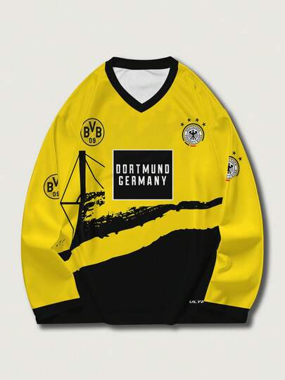 男士宽松字母数字印花长袖T恤，世界杯德国足球俱乐部风格，舒适轻盈，休闲校园街头风，春夏秋季皆宜。