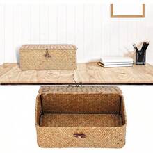 Cesta de Almacenamiento de Algas Marinas Naturales, Estante Rectangular Tejido, Cestas con Tapas, Organizador de Escritorio Tejido a Mano (L) - CH - Ver 5