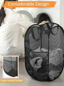 Collapsible Pop-Up Laundry Hamper Basket: Features Sturdy Handles & Side Pocket, Breathable Mesh & One-Second Pop-Up/Collapse Design.  For Efficient Dirty Clothes Storage & Easy Transport.  Perfect For Dorm Rooms, College Life, Laundry/Bathroom Organization, Travel & Small Spaces.  Ideal For Students, Travelers, Space-Saving Homes.  Black. - 黑色 - 查看 3