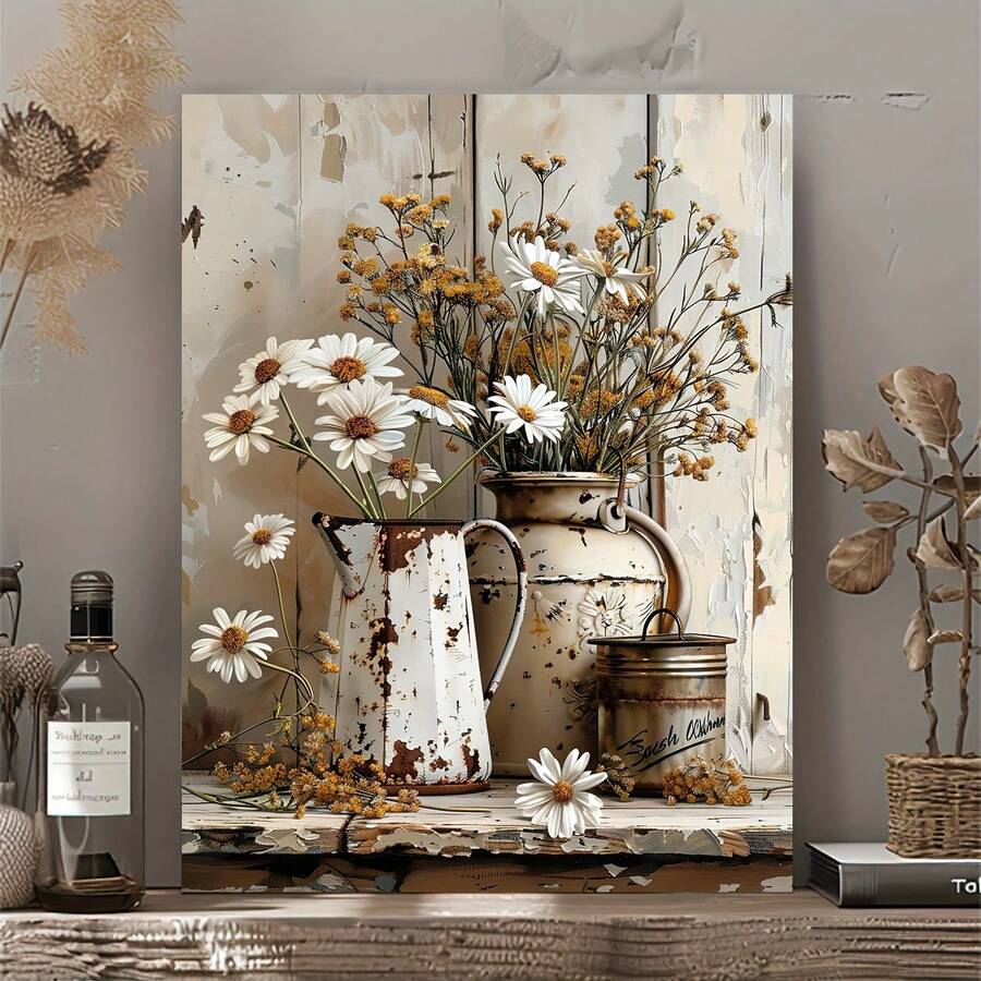 1pc Rustic Farmhouse Floral Oil Painting On Canvas Ideal For Room Decor, Bedroom Decor, Living Room Decor, Wall Art, Posters Retro-Style Summer/Fall Seasonal Theme Artwork Canvas (Optional Frame)