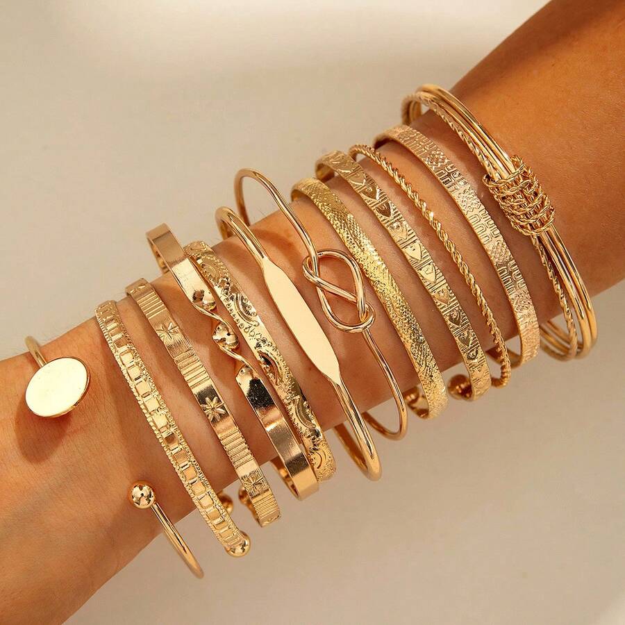 12 Stück/7 Stück/5 Stück Vintage breites Armband Set, minimalistische geometrische offene Armreifen in Gold- und Silberfarben - Gold - Übersicht 1