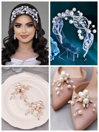 1 Set Handmade Bridal Headpiece & Shoe Clips Set, Faux Pearl Headband, Crystal Pearl Bridal Shoe Flowers