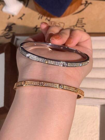 1pc 925 Sterling Silver 18k Gold Plated Diamond Inlaid Bracelet