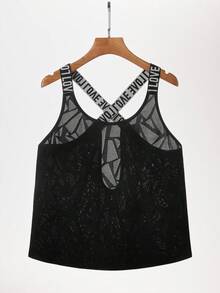 SHEIN Sports Áo ba lỗ thể thao dệt jacquard khoét rỗng - màu đen - Xem 5