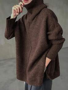 Maglione a collo alto, spalle scoperte, in maglia a costine, per donne taglia comoda, maniche lunghe, vestibilità morbida, lunghezza regolare, tessuto non elasticizzato, adatto per autunno/inverno