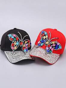 Nueva gorra de béisbol de mezclilla con mariposa de rhinestone, sombrero casual versátil para exteriores, protección UV