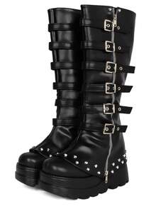 Women's Y2K Style Punk Goth Platform Boots Buckle Straps Side Zipper Gothic Boots Ladies Rivets Metal Decoration Long Boots Knee High Tall Boots Combat Boots - 黑色 - 查看 9