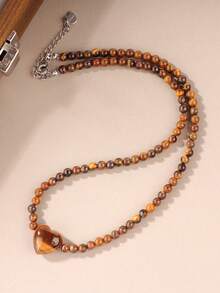 优雅复古风格虎眼石和猫眼石串珠心形吊坠项链 - 适合派对、生日和日常魅力（无卡） - 棕色 - 查看 9