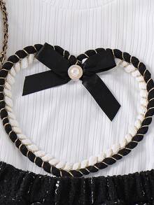 2pcs Young Girls Stylish Cap Sleeve Bow Heart Ribbed Top And Pants Set, Spring/Autumn - White - View 5