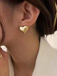 Heart Stud Earrings - 黃金 - 查看 1
