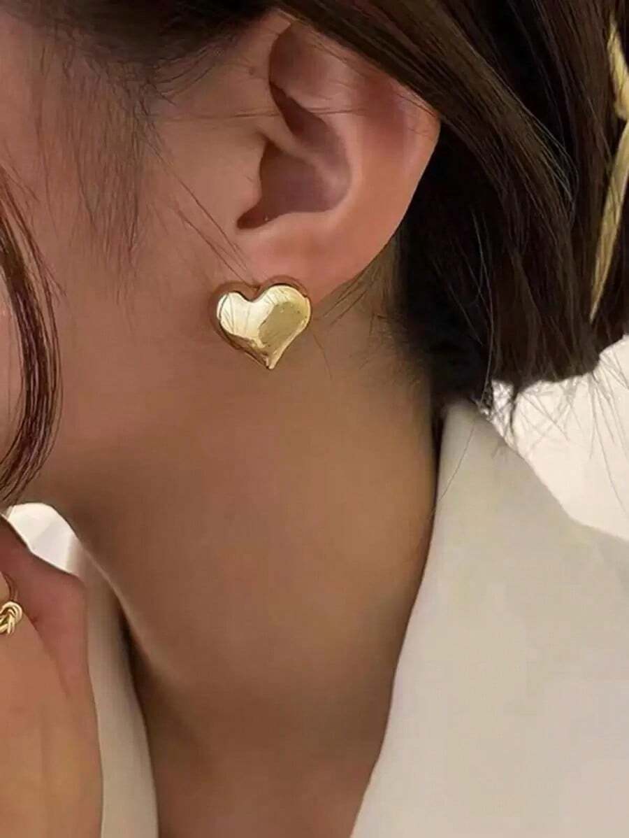 Heart Stud Earrings - 黃金 - 查看 1