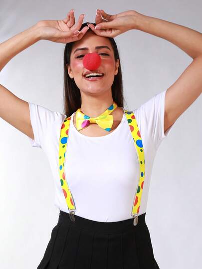 Conjunto de 3 piezas de disfraz de payaso, incluye 1 tirantes de payaso, 1 corbata de moño de payaso, 1 nariz roja, adecuado para fiestas temáticas y fiestas de payasos
