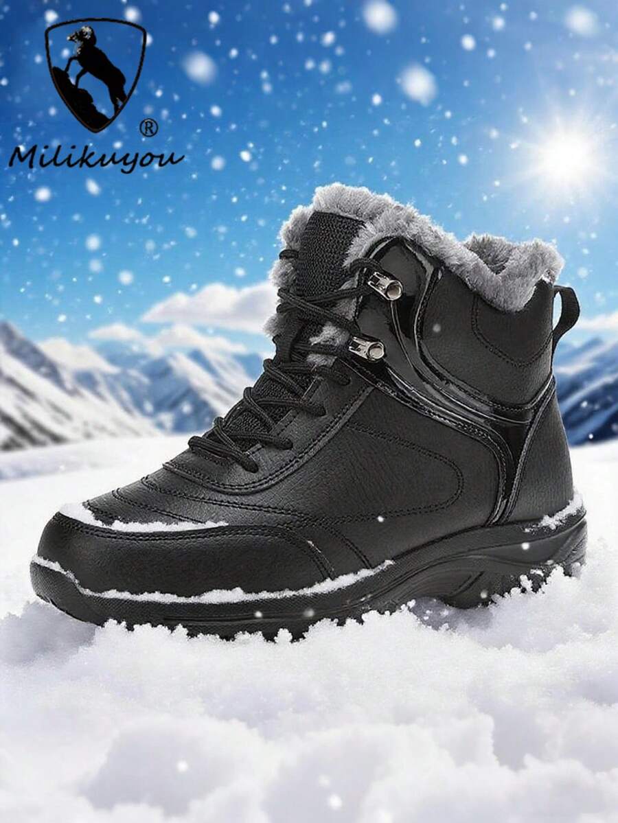 2025 Nuevos botines de nieve para hombres de suela gruesa y ultraligeros, cálidos para invierno, zapatos para senderismo al aire libre, con forro térmico y talla grande; Botas de nieve térmicas y cálidas para mujer, botas de nieve para mujer para exteriores - Negro - Ver 1