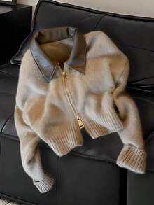 Vera Lane 女士秋冬韩版复古PU领街头风波西米亚朋克双向拉链羊毛外套圣诞毛衣新年感恩节穿搭