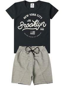 Conjunto Infantil Menino Elegante Brooklyn Preto - Duas Peças: Bermuda + Camiseta - Tamanho 02 a 14 - Preto - Visão 1