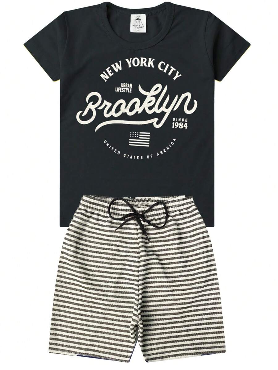 Conjunto Infantil Menino Elegante Brooklyn Preto - Duas Peças: Bermuda + Camiseta - Tamanho 02 a 14 - Preto - Visão 1