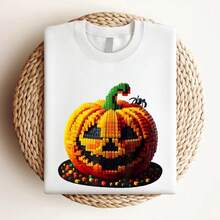 180g pure Cotton Master Builder Pumpkin  Building Blocks Bricks Halloween T-Shirt Women Top Graphic Tees Breathable Top For Everyday Wear Comfortable Slightly Stretched Stylish Casual Versatile Unisex women graphic female designer clothes T-Shirt For Women Casual - Blanco - Ver 4