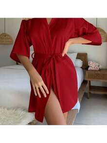 1pc Women's Solid Color Elegant Tie Waist Autumn/Winter Robe, Sexy Short Satin Silk Soft Sleepwear, Suitable For Brides, Bridesmaids, Home Wear, Wedding Season Short Dress Robe, Monogram Print, Kimono And Nightgown