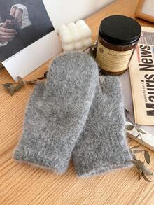 1 Pair Women's Solid Color Rabbit Thermal Lined Double-Layer Thick Knitted Fingerless Gloves, Suitable For Parties, Driving, Cycling, Hiking, Running, Keeping Warm In Cold Weather