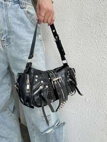 Y2K 复古朋克风格铆钉装饰手提包，女士单肩斜挎包，时尚机车包，适合街头风格搭配、主题派对、夜总会、文化社交活动 - 黑色 - 查看 2