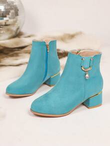 Fall/Winter Simple Style Mid-Heel Thick Heel Pink Suede Women Ankle Boots With Rhinestone Pendant Side Zipper Design, Fashionable & Elegant - Baby Blue - View 7