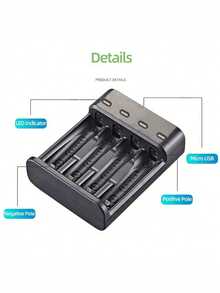A 4-Slot USB Charger That Can Charge AA AAA Batteries, High Current Output, Green Light Turns On When Fully Charged, Working Voltage ≤36V, Battery Not Included - 黑色 - 查看 7