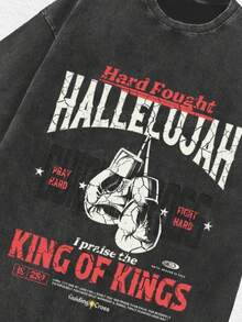1 PCS Christian "Hallelujah - King Of Kings" Graphic Tee: Featuring Distressed Vintage Finish, Bold "HALLELUJAH" & "I Praise The KING OF KINGS" Letter Prints, Boxing Gloves Graphic With "PRAY HARD" "FIGHT HARD" Details, Perfect For Infusing Spiritual, Motivational, And Nostalgic Vibes Into Outfits During Easter Celebrations, Church Events, Or Daily Wear, Christmas & Halloween & Thanksgiving Day & Valentine's Day & Pride & Father's Day & Easter & Mother's Day & New Year & Spring Festival, Men's Round Neck Printed Short Sleeve Casual Everyday T-Shirt, They Are Excellent Gifts For Friends And Family, 100% Cotton T-Shirts Feature, A Youthful And Fashionable Design, Graphic Tees Men, Graphic Tees Women, Cachorro Feliz, Back To School - 黑色 - 查看 2