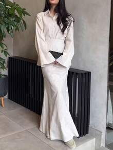 3pcs Women's Unique Collar Single-Breasted Solid Color Shirt Top, Casual Solid Color Button Skirt Set