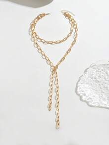 1pc Autumn/Winter New Y-Shaped Necklace, Simple Hip-Hop European And American Style, Double-Layer Chain With Long Tassel Collarbone Chain, Sweater Chain, Versatile Daily Accessory