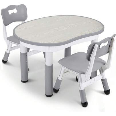 Kids Table And Chairs Set, Height-Adjustable Peanut-Shaped Table, Erasable Drawing Desk With 2 Chairs, HDPE Plastic Non-Slip Children's Furniture For Learning, Play & Eating, 80x60cm