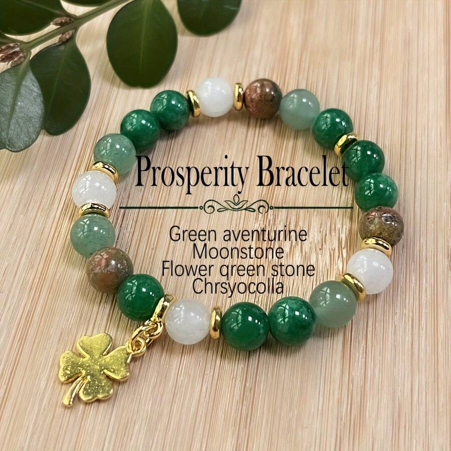 1 Piece Green Aventurine And Chrysocolla Bead Necklace Bracelet With Clover Pendant, Natural Stone Wealth Jewelry, Vintage Bohemian Style, St. Patrick's Day And Thanksgiving Gift, Unisex Elegant Accessory - 綠色 - 查看 1