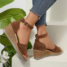 Comfortable Wedge Sandals For Women Open Toe Ankle Strap Heels Summer Dressy Platform Shoes - 棕色 - 查看 9
