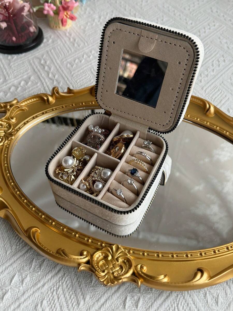 天鹅绒拉链首饰盒，便携式旅行首饰盒，返校 - 白色 - 查看 1