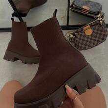 Winter Warm Ankle Boots For Women Woven Knit Sock Chunky Heel Indoor Outdoor House Shoes - 咖啡棕 - 查看 6