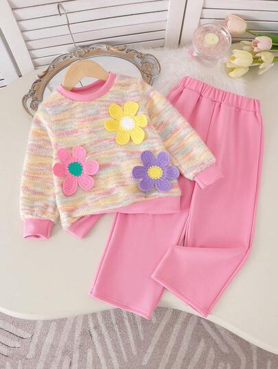 2件套少女甜美休闲3D碎花彩色长袖上衣和裤子套装，春秋