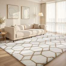 Sour Lemon Large Rugs Living Room, Hexagonal Pattern Area Rugs For Bedroom, Washable Anti Slip Shaggy Soft Rug, Fluffy Modern Carpets Mat Beside Area Rug, Best For Living Room, Bedroom, Study Room, Home Decor - White Camel - View 9