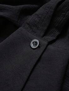 Women's Textured Pleated Flare Sleeve Casual Solid Color Shirt Dress - Black - View 5