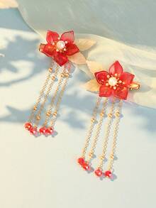 2个中国风石榴花流苏发夹，可爱甜美，女士礼物，适合日常休闲佩戴，发夹，发爪，发卡，发卡，发饰，头饰，发卡 - 紅色 - 查看 2