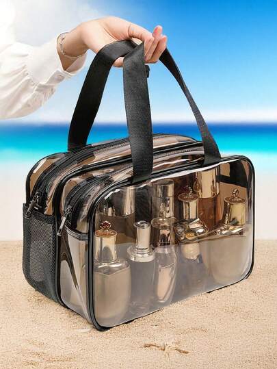 1PC Storage Bag Makeup Travel Bag Make Up Brush Bag Toiletry Bag Transparent Makeup Bag Made Of PVC Material, Hand-Held Toiletry Bag, Cosmetic Storage Bag, Beach Bag, Essential For Traveling Makeup Travel Toiletry Organizer Clear Essentials Gifts Storage Zipper Accessories Nail