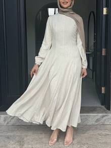 纯色收腰下摆连衣裙 - 杏色 - 查看 2