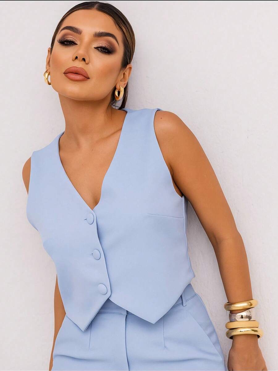 Plain Tailored Vest - The Sophisticated Choice For Work And Everyday Wear. - 淺藍色 - 查看 1